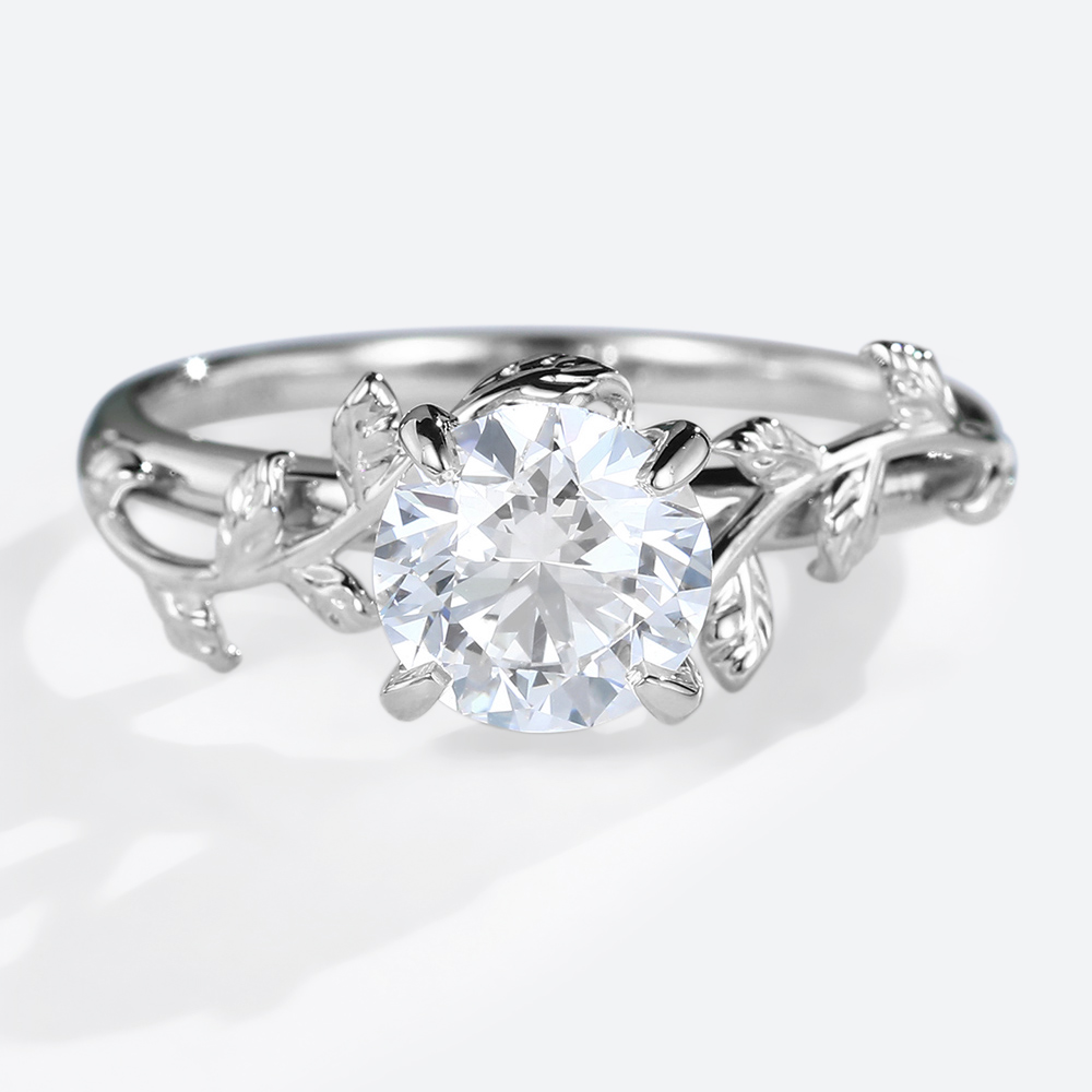 1ct Lab Diamond Ring Solitaire Round Dimaond Leaf Promise Ring in Yellow Gold