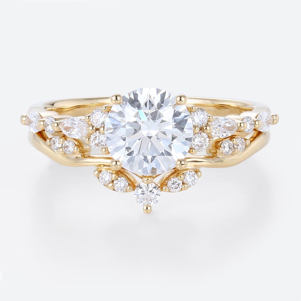 1ct Round Cut Lab Diamond Ring Set with Curved Wedding Rings in Yellow Gold
