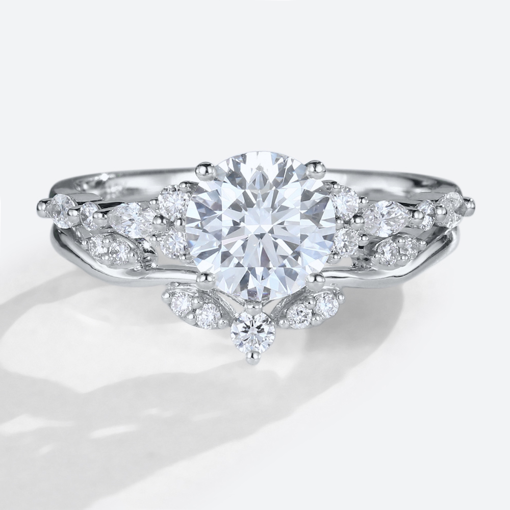 1ct Round Cut Lab Diamond Ring Set with Curved Wedding Rings in White Gold