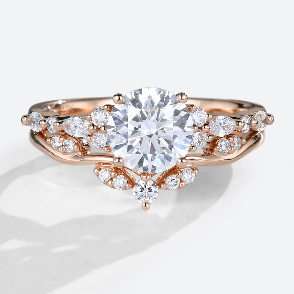 1ct Round Cut Lab Diamond Ring Set with Curved Wedding Rings in Rose Gold
