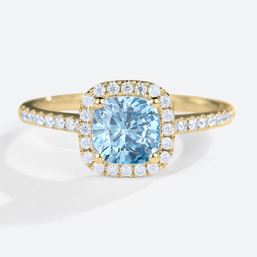 Lab Blue Diamond Engagement Rings​ 1ct Cushion Cut Halo Pave Ring in Yellow Gold