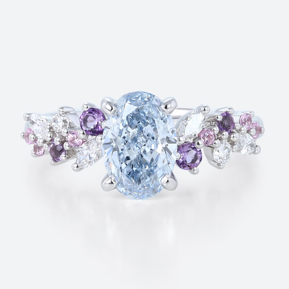 1ct Blue Diamond Ring​ Oval Fancy Blue Floral Cluster 4-Prong Engagement Ring in White Gold