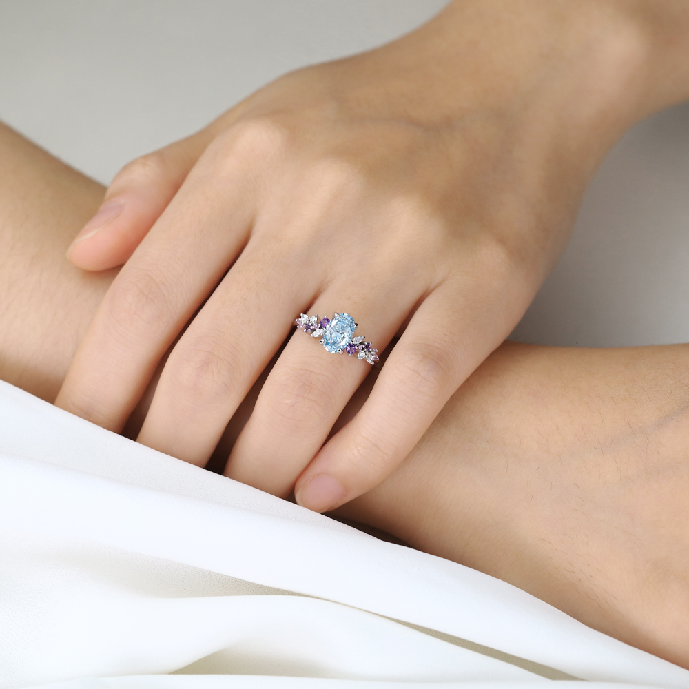 1ct Blue Diamond Ring​ Oval Fancy Blue Floral Cluster 4-Prong Engagement Ring in White Gold