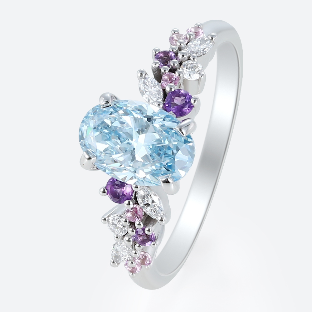 1ct Blue Diamond Ring​ Oval Fancy Blue Floral Cluster 4-Prong Engagement Ring in White Gold