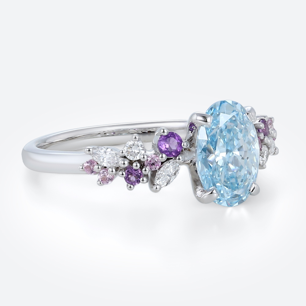 1ct Blue Diamond Ring​ Oval Fancy Blue Floral Cluster 4-Prong Engagement Ring in White Gold