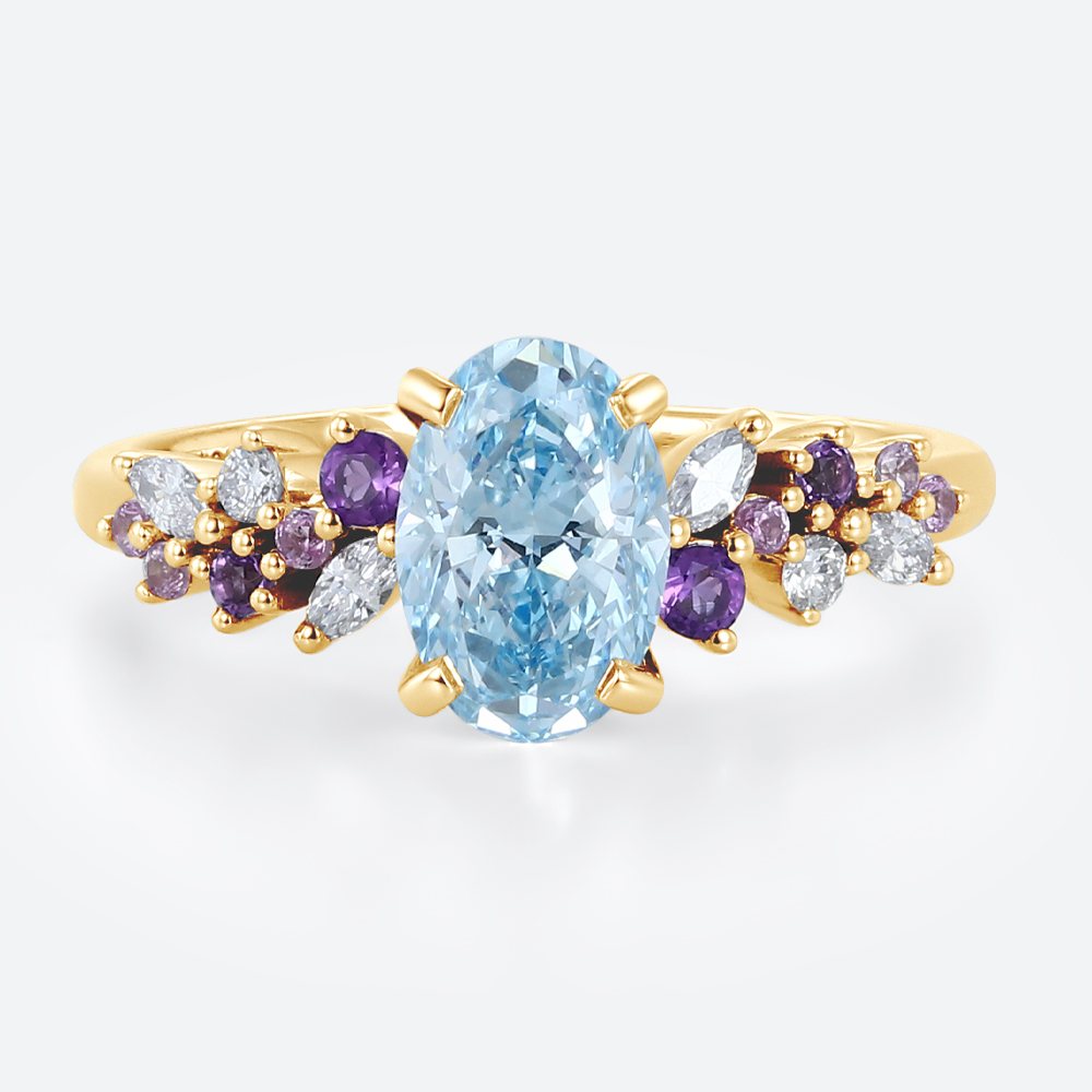 1ct Blue Diamond Ring​ Oval Fancy Blue Floral Cluster 4-Prong Engagement Ring in Yellow Gold