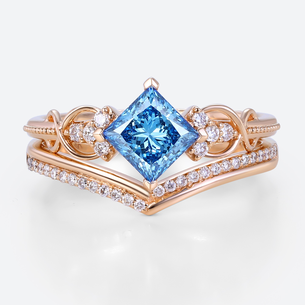 Lab Blue Diamond Rings​ Set 1ct Fancy Blue Princess Cut Infinity Ring in Rose Gold