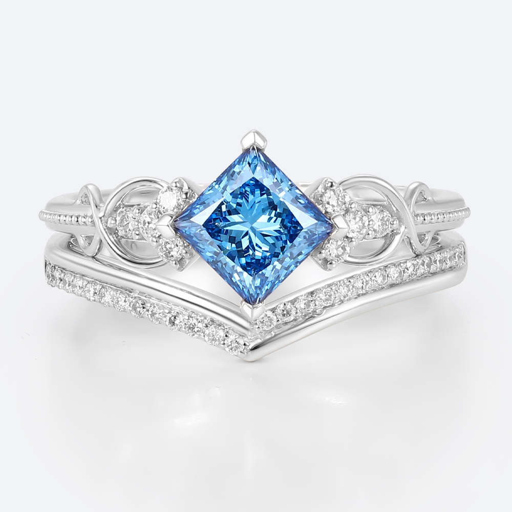Lab Blue Diamond Rings​ Set 1ct Fancy Blue Princess Cut Infinity Ring in White Gold