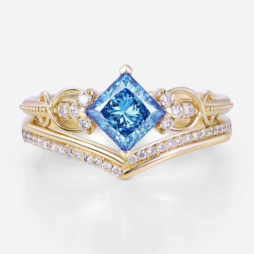 Lab Blue Diamond Rings​ Set 1ct Fancy Blue Princess Cut Infinity Ring in Yellow Gold