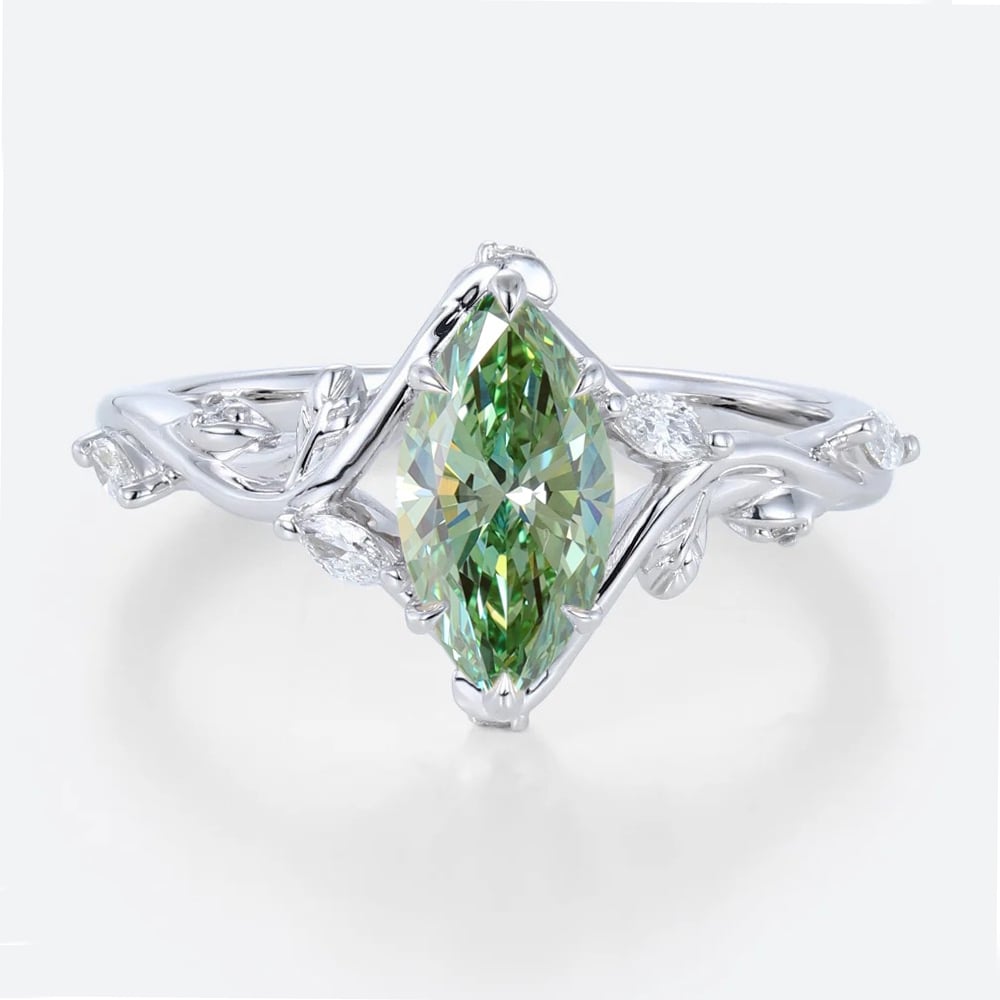 1ct Marquise Cut Lab Green Diamond Ring Leaf Vine 6 Claw Prong Engagement Ring in White Gold
