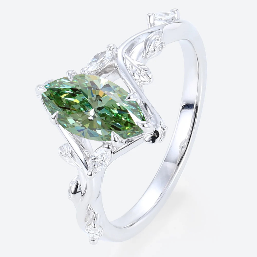 1ct Marquise Cut Lab Green Diamond Ring Leaf Vine 6 Claw Prong Engagement Ring in White Gold