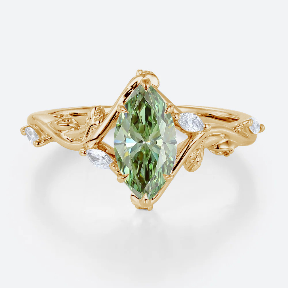 1ct Marquise Cut Lab Green Diamond Ring Leaf Vine 6 Claw Prong Engagement Ring in Yellow Gold