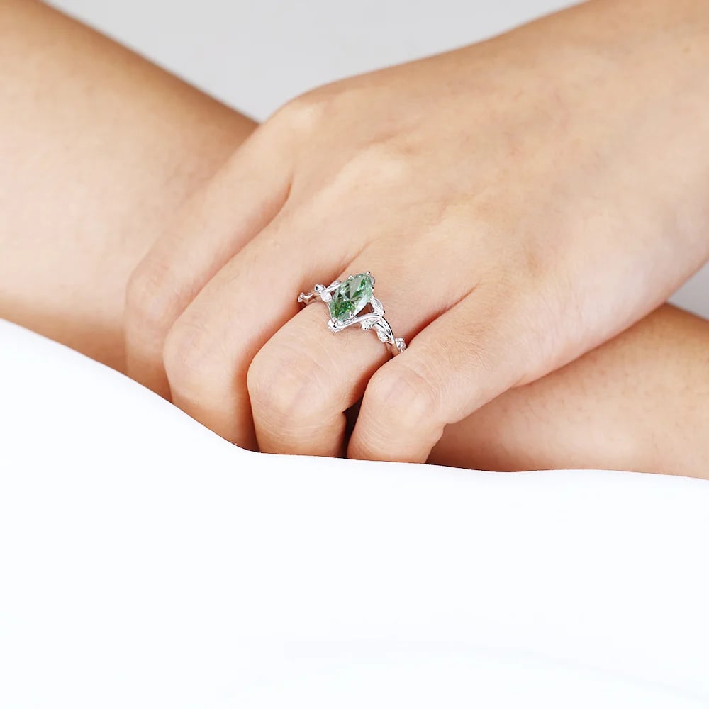 1ct Marquise Cut Lab Green Diamond Ring Leaf Vine 6 Claw Prong Engagement Ring in White Gold