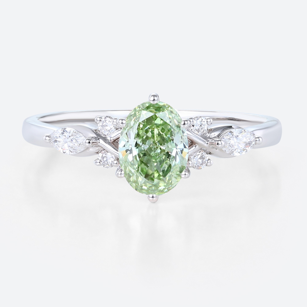 1ct Oval Green Diamond Ring Cluster Fancy Lab Green Diamond 6-Prong Engagement Ring in White Gold