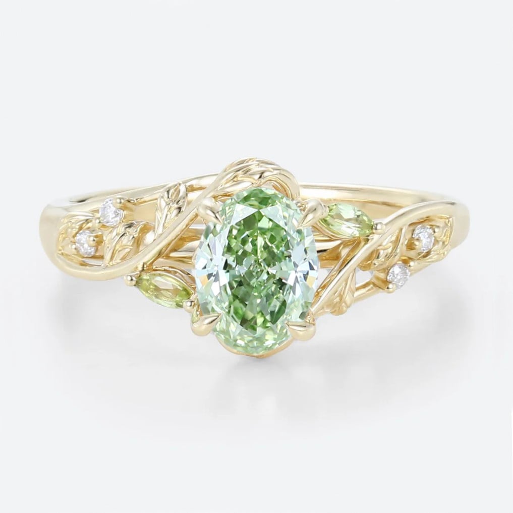 1ct Oval Lab Green Diamond Ring Delicate Botanical 4 Claw Prong Engagement Ring in Yellow Gold