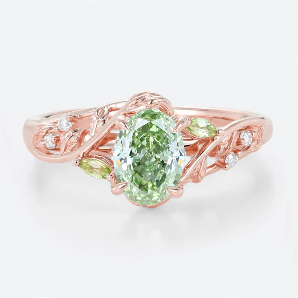 1ct Oval Lab Green Diamond Ring Delicate Botanical 4 Claw Prong Engagement Ring in Rose Gold