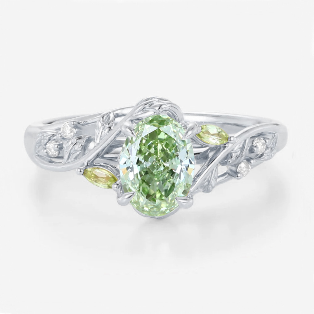 1ct Oval Lab Green Diamond Ring Delicate Botanical 4 Claw Prong Engagement Ring in White Gold