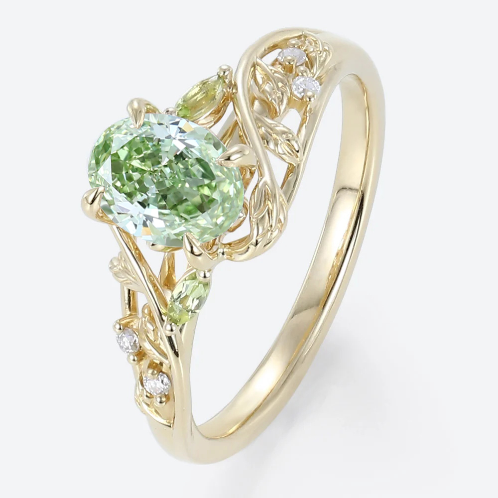 1ct Oval Lab Green Diamond Ring Delicate Botanical 4 Claw Prong Engagement Ring in Yellow Gold