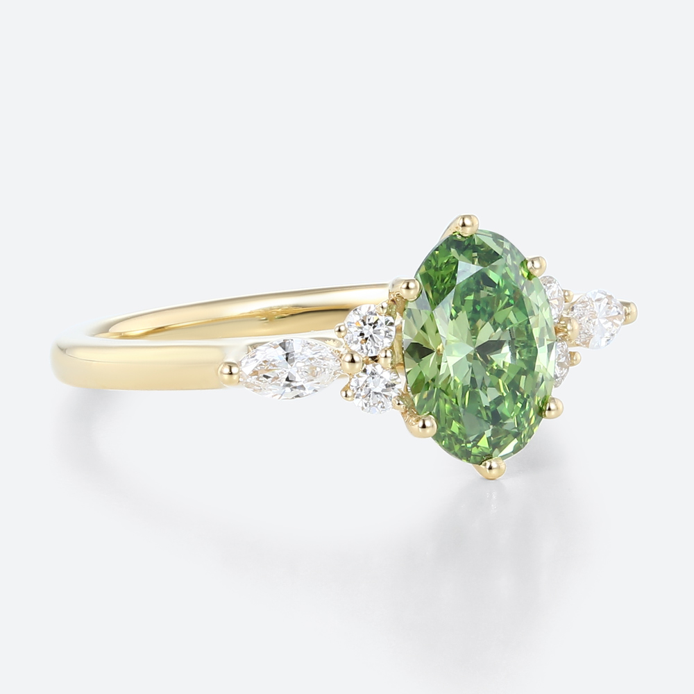 1ct Fancy Green Oval Lab Green Diamond Ring Modern 6-Prong Engagement Ring in Yellow Gold