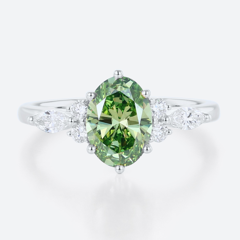 1ct Fancy Green Oval Lab Green Diamond Ring Modern 6-Prong Engagement Ring in White Gold