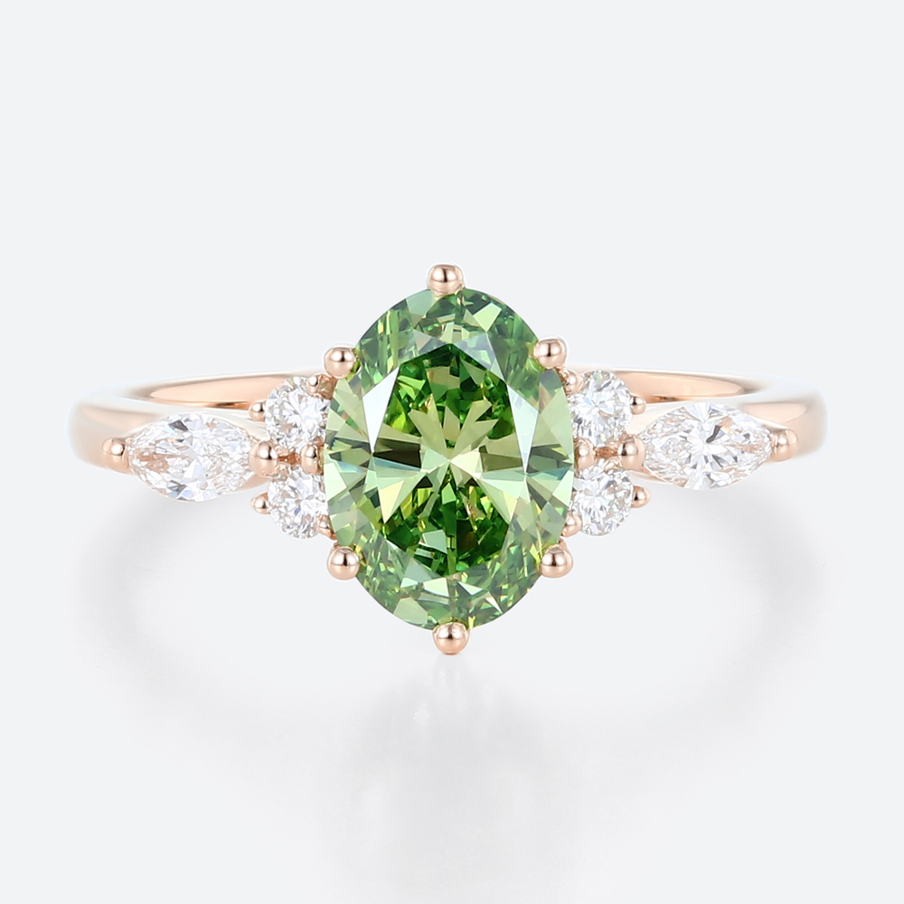 1ct Fancy Green Oval Lab Green Diamond Ring Modern 6-Prong Engagement Ring in Rose Gold