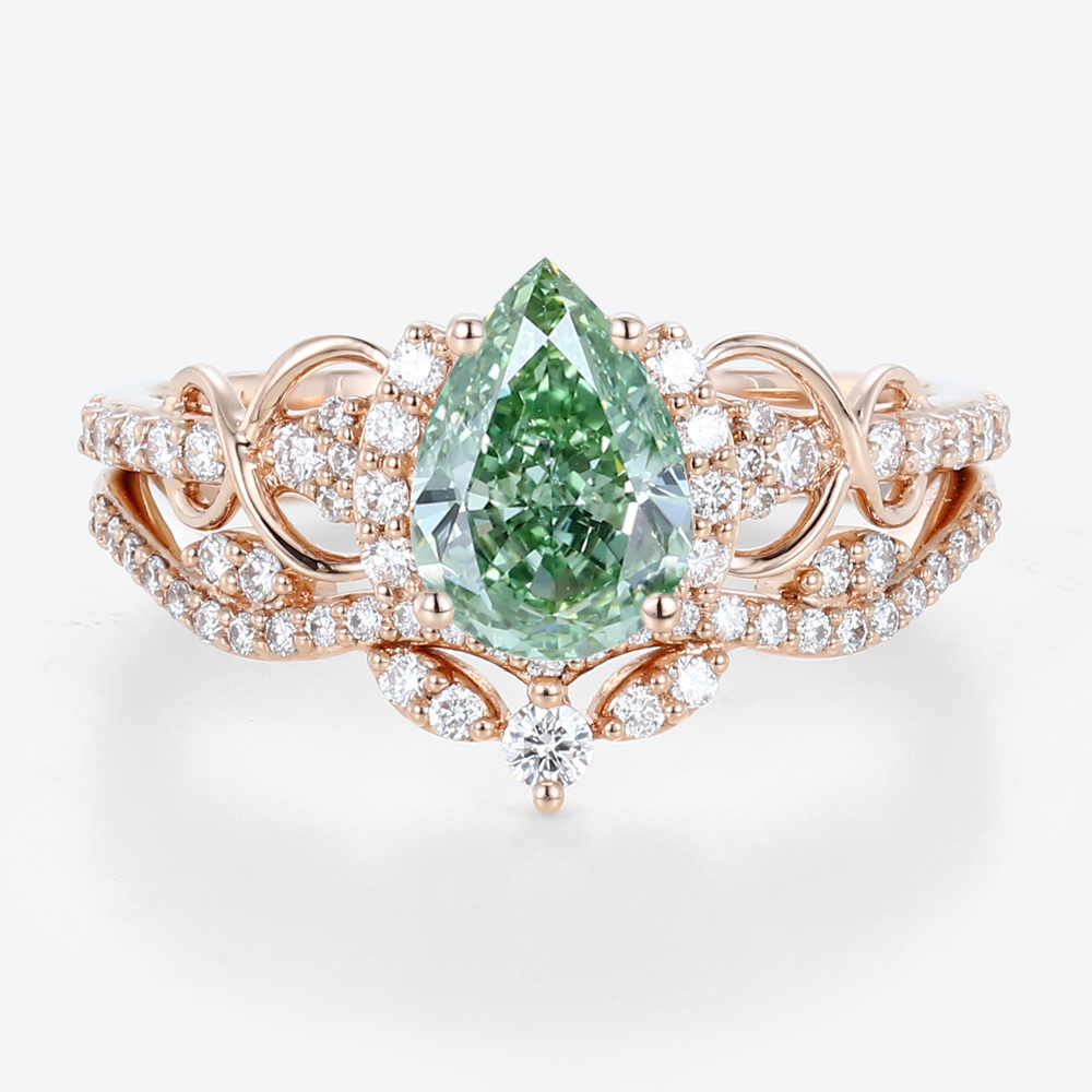 1ct Lab Green Diamond Ring Set Pear Cut Fancy Green Luxurious 4-Prong Bridal Ring Set in Rose Gold