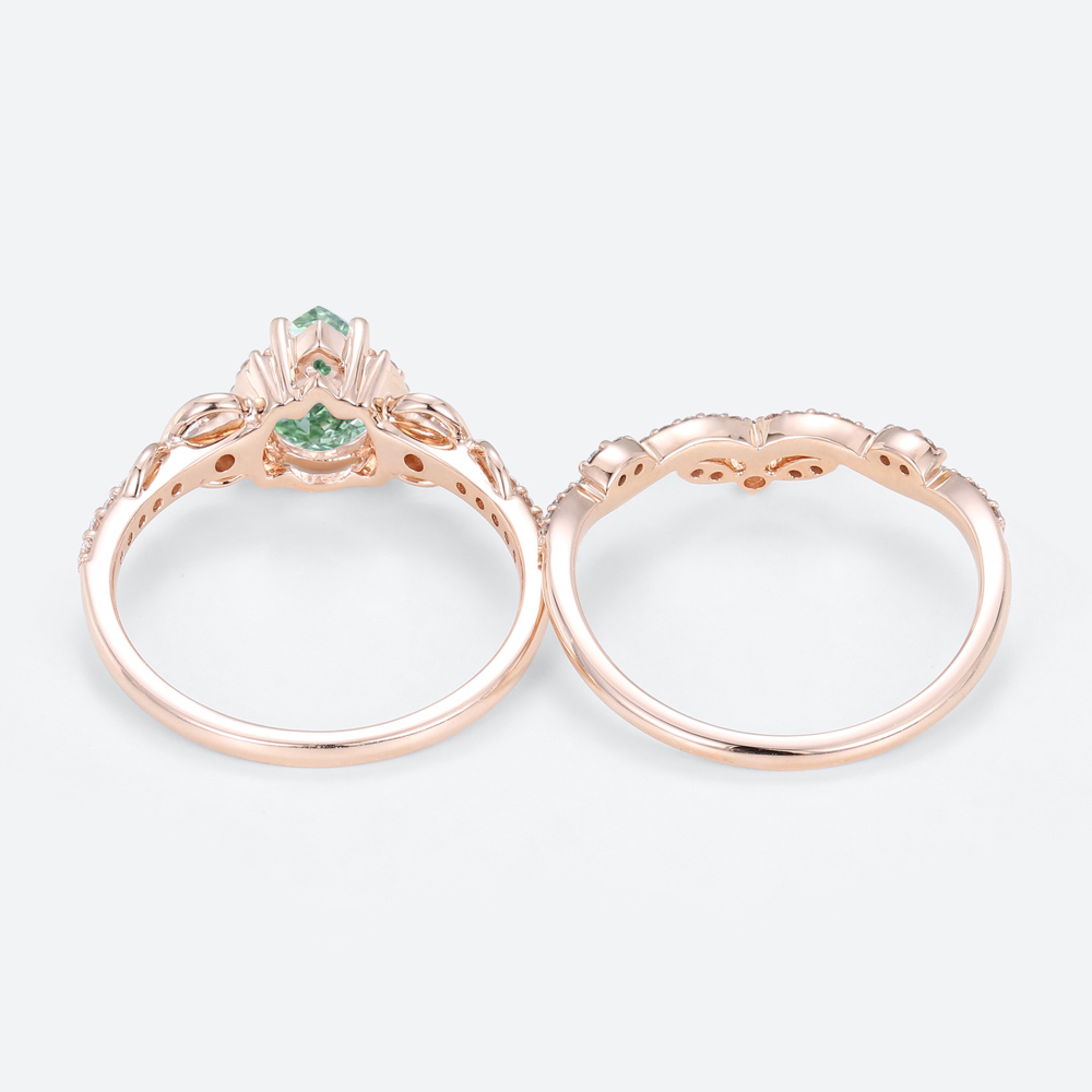 1ct Lab Green Diamond Ring Set Pear Cut Fancy Green Luxurious 4-Prong Bridal Ring Set in Rose Gold