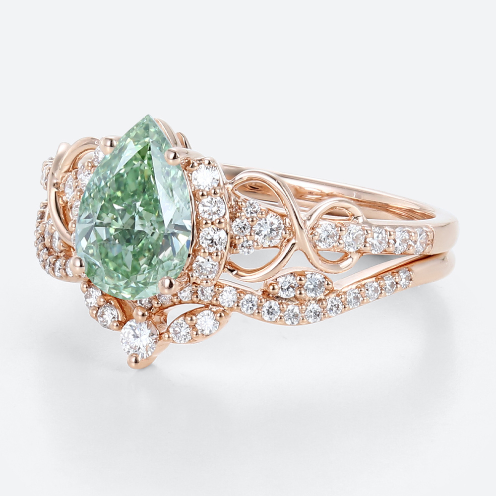 1ct Lab Green Diamond Ring Set Pear Cut Fancy Green Luxurious 4-Prong Bridal Ring Set in Rose Gold