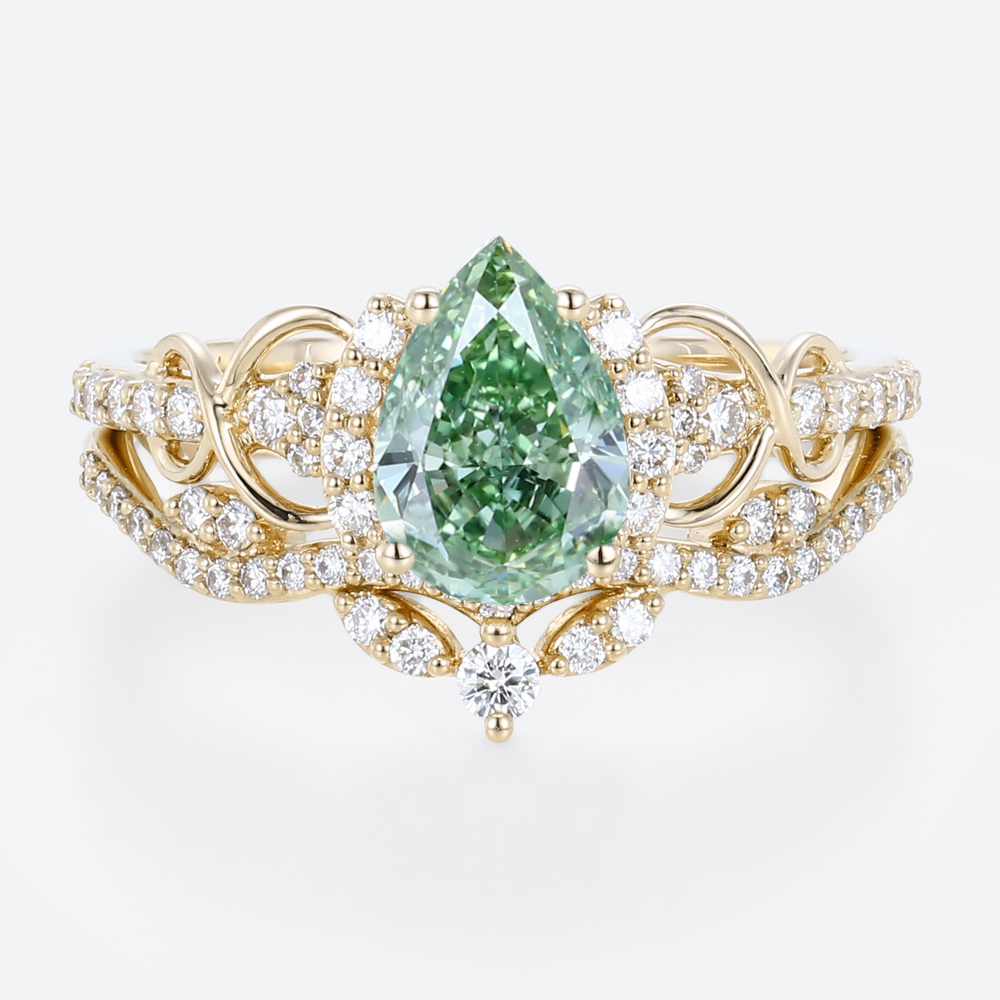1ct Lab Green Diamond Ring Set Pear Cut Fancy Green Luxurious 4-Prong Bridal Ring Set in Yellow Gold