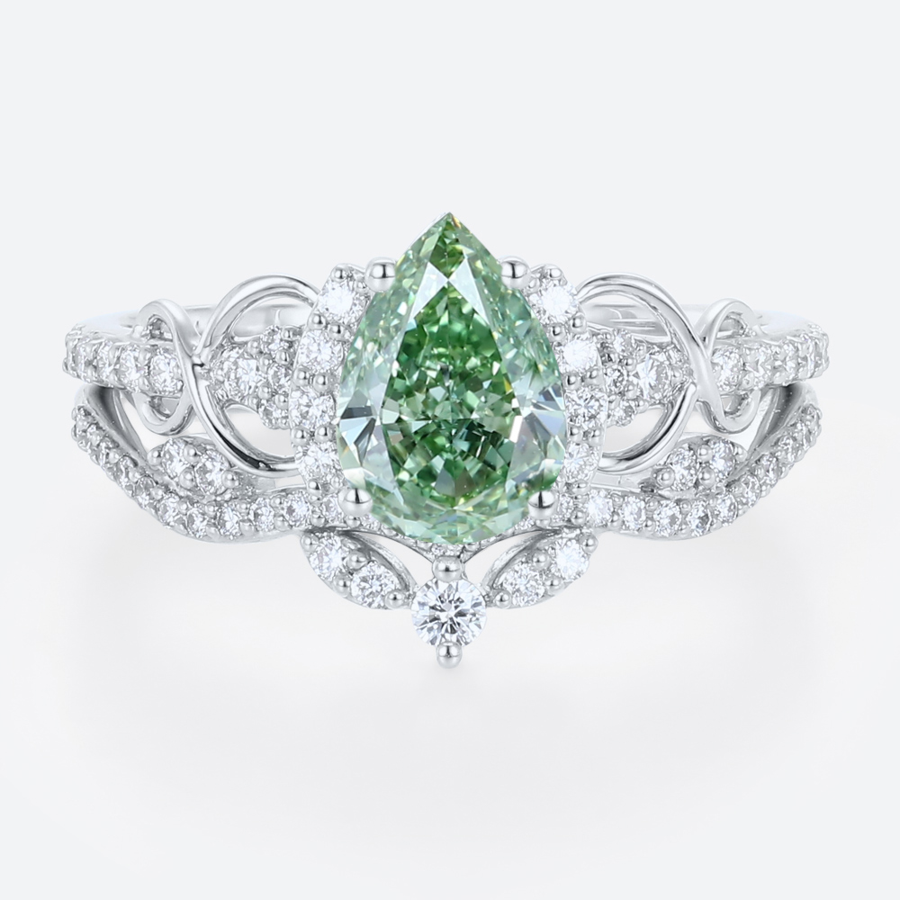1ct Lab Green Diamond Ring Set Pear Cut Fancy Green Luxurious 4-Prong Bridal Ring Set in White Gold