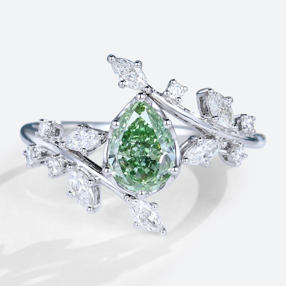 1ct Pear Cut Lab Green Diamond Ring Fancy Green Leaf 6-Prong Engagement Ring in White Gold