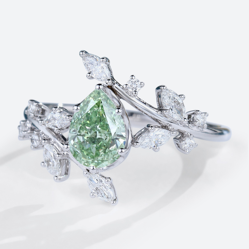 1ct Pear Cut Lab Green Diamond Ring Fancy Green Leaf 6-Prong Engagement Ring in White Gold