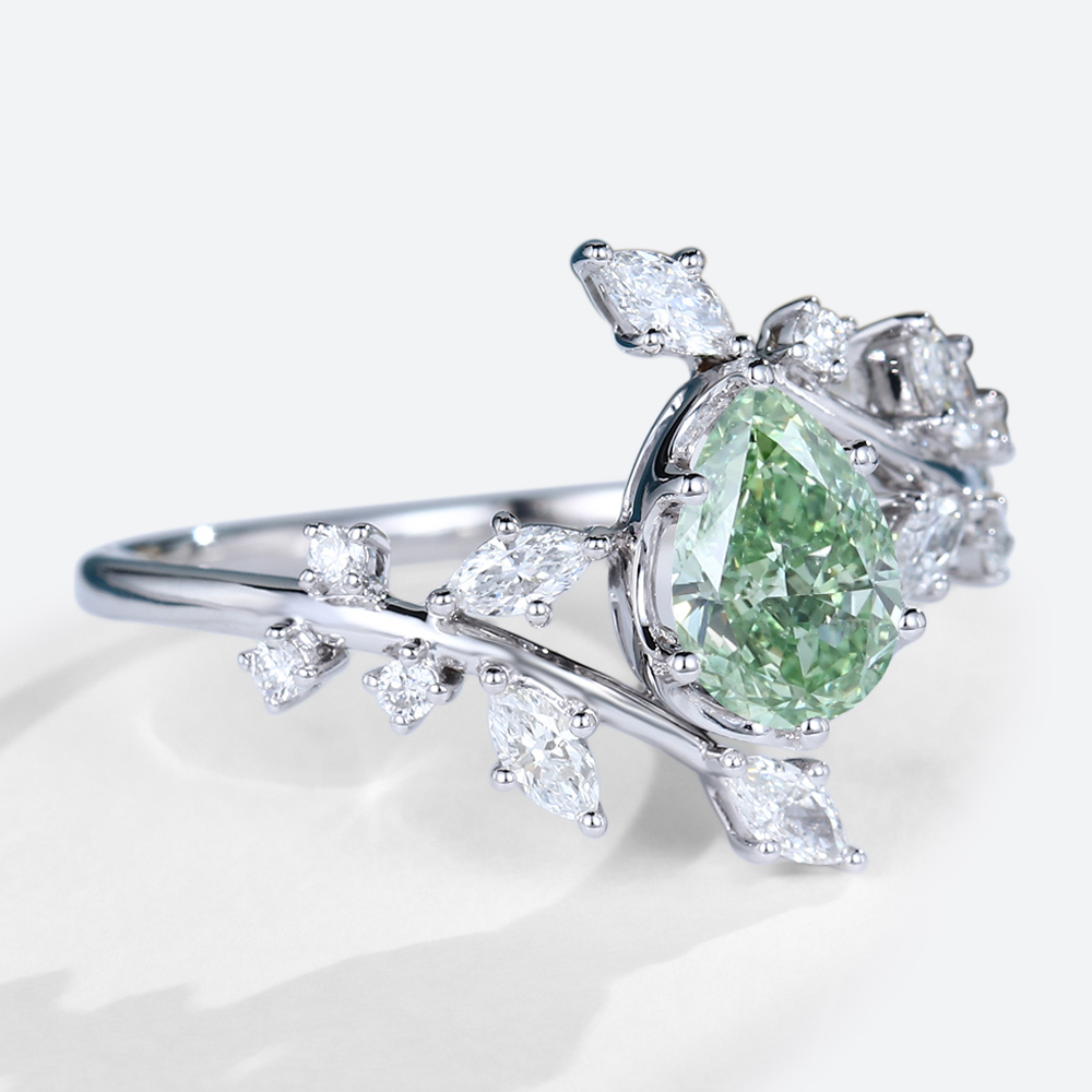1ct Pear Cut Lab Green Diamond Ring Fancy Green Leaf 6-Prong Engagement Ring in White Gold