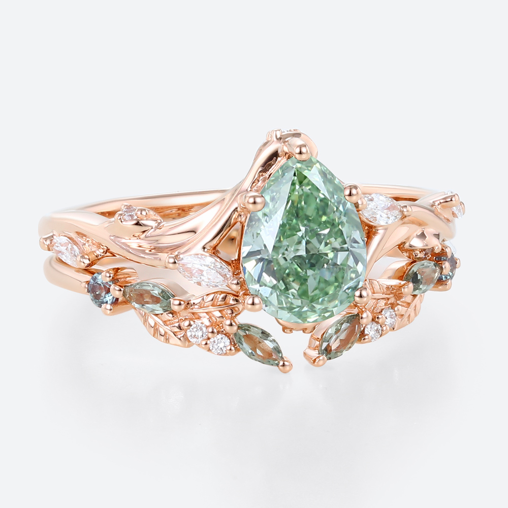 1ct Pear Cut Lab Green Diamond Ring​ Set Art Nouveau Vine 5-Prong Engagement Ring in rose gold