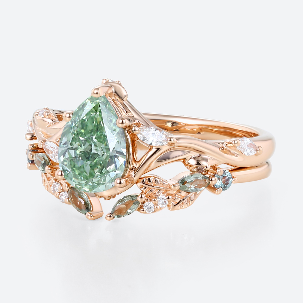 1ct Pear Cut Lab Green Diamond Ring​ Set Art Nouveau Vine 5-Prong Engagement Ring in rose gold