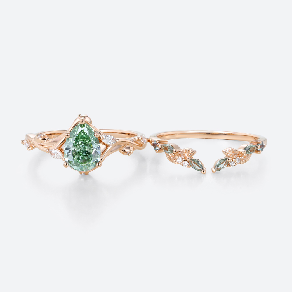 1ct Pear Cut Lab Green Diamond Ring​ Set Art Nouveau Vine 5-Prong Engagement Ring in rose gold