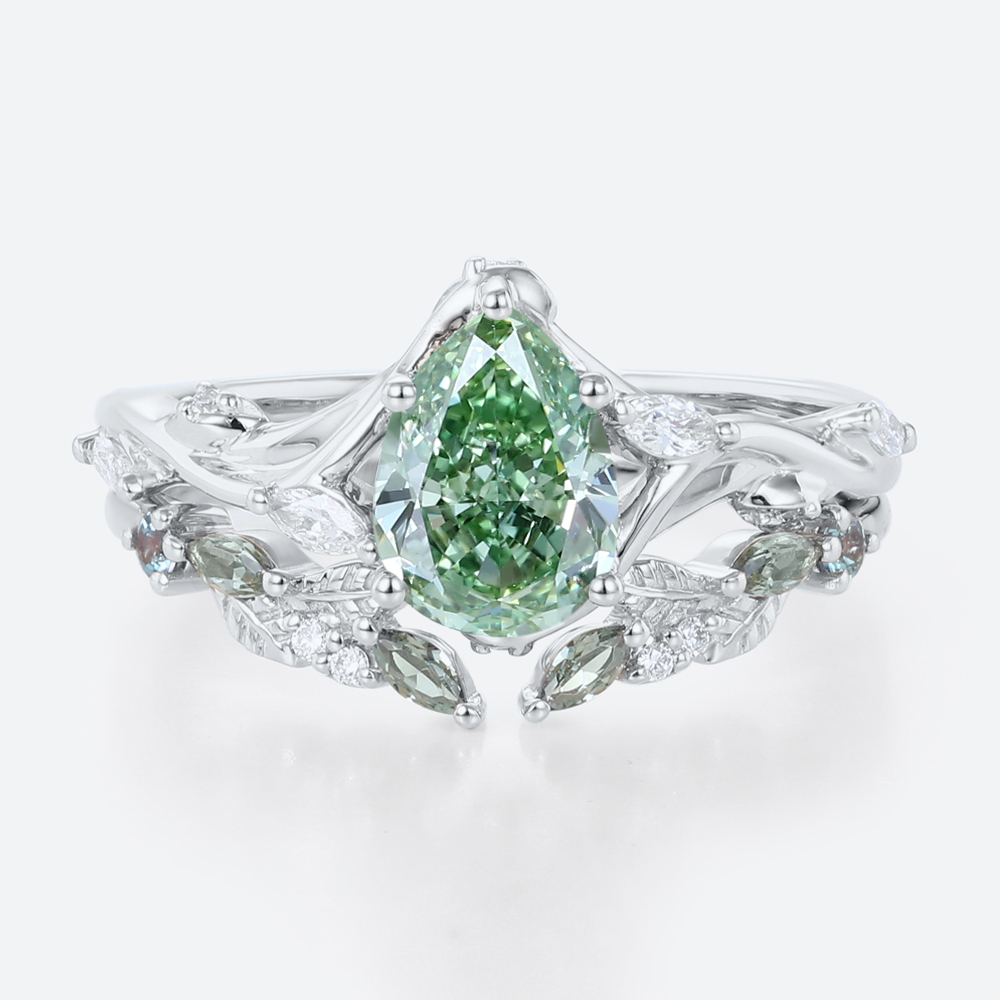 1ct Pear Cut Lab Green Diamond Ring​ Set Art Nouveau Vine 5-Prong Engagement Ring in White gold