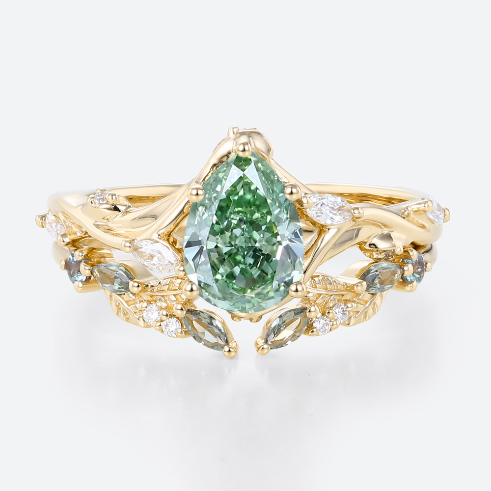 1ct Pear Cut Lab Green Diamond Ring​ Set Art Nouveau Vine 5-Prong Engagement Ring in Yellow gold