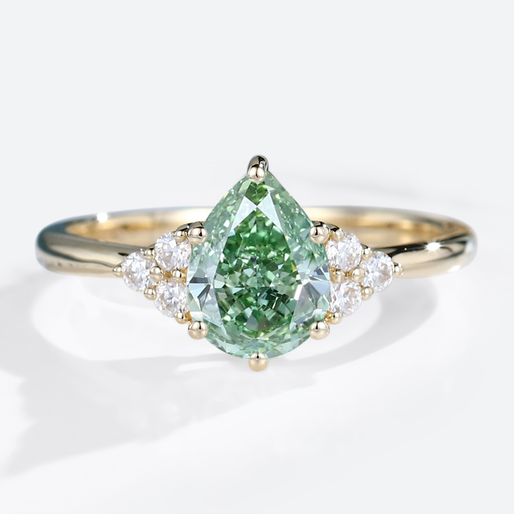 1ct Pear Shaped Lab Green Diamonds Ring Cluster 6-Prong Engagement Ring in Yellow Gold