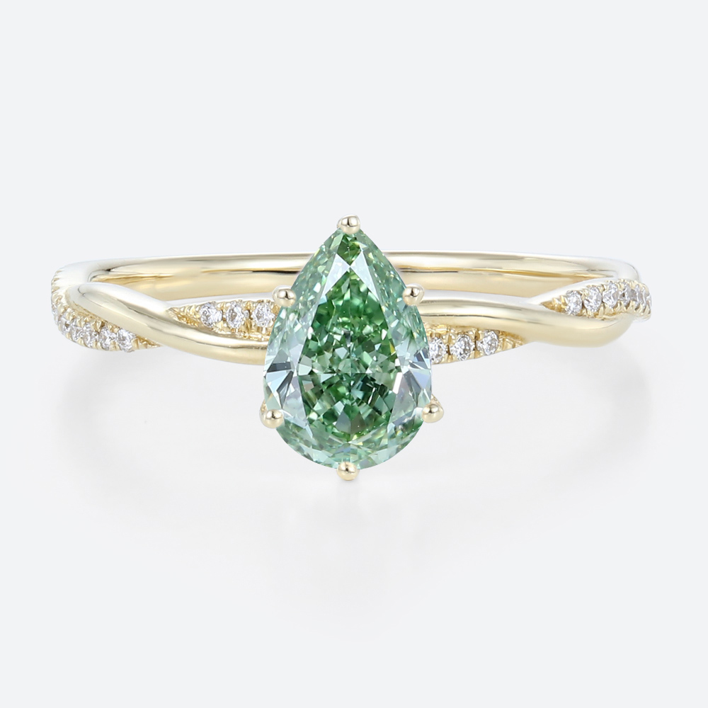 1ct Interlaced Lab Green Diamond Ring Pear Shaped Fancy Green Pavé Diamond Engagement Ring in Yellow Gold