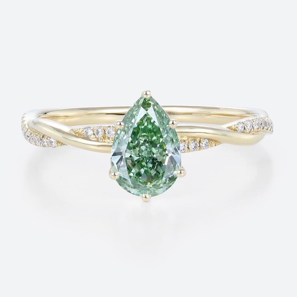 1ct Interlaced Lab Green Diamond Ring Pear Shaped Fancy Green Pavé Diamond Engagement Ring in Yellow Gold