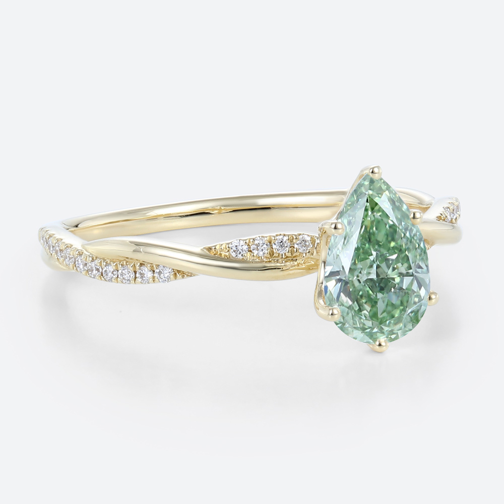 1ct Interlaced Lab Green Diamond Ring Pear Shaped Fancy Green Pavé Diamond Engagement Ring in Yellow Gold