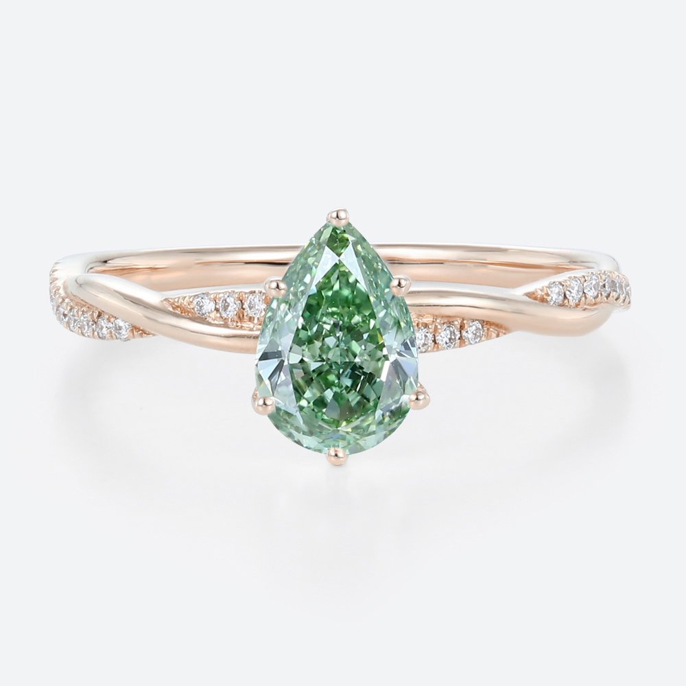 1ct Interlaced Lab Green Diamond Ring Pear Shaped Fancy Green Pavé Diamond Engagement Ring in Rose Gold