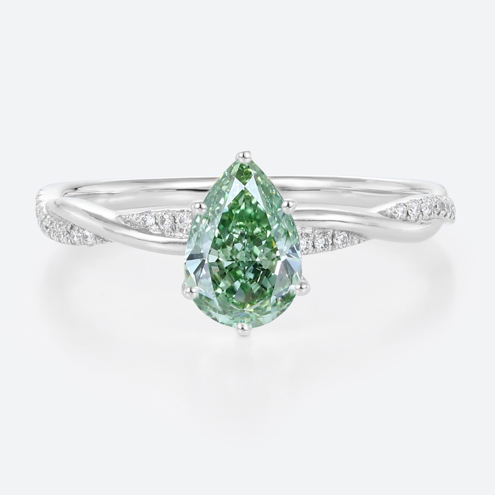 1ct Interlaced Lab Green Diamond Ring Pear Shaped Fancy Green Pavé Diamond Engagement Ring in White Gold