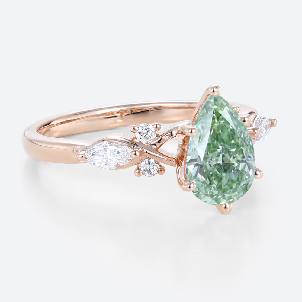 1ct Lab Green Diamond​ Ring Pear Cut Modern 6-Prong Engagement Rings in Rose Gold