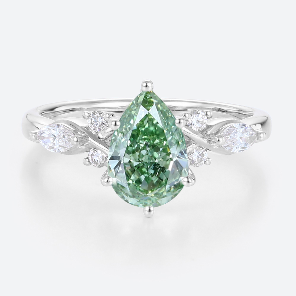 1ct Lab Green Diamond​ Ring Pear Cut Modern 6-Prong Engagement Rings in White Gold