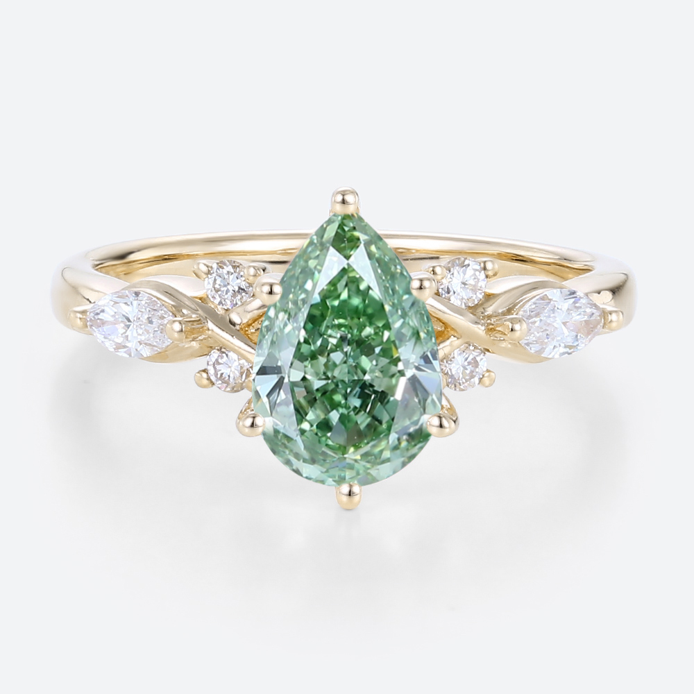 1ct Lab Green Diamond​ Ring Pear Cut Modern 6-Prong Engagement Rings in Yellow Gold