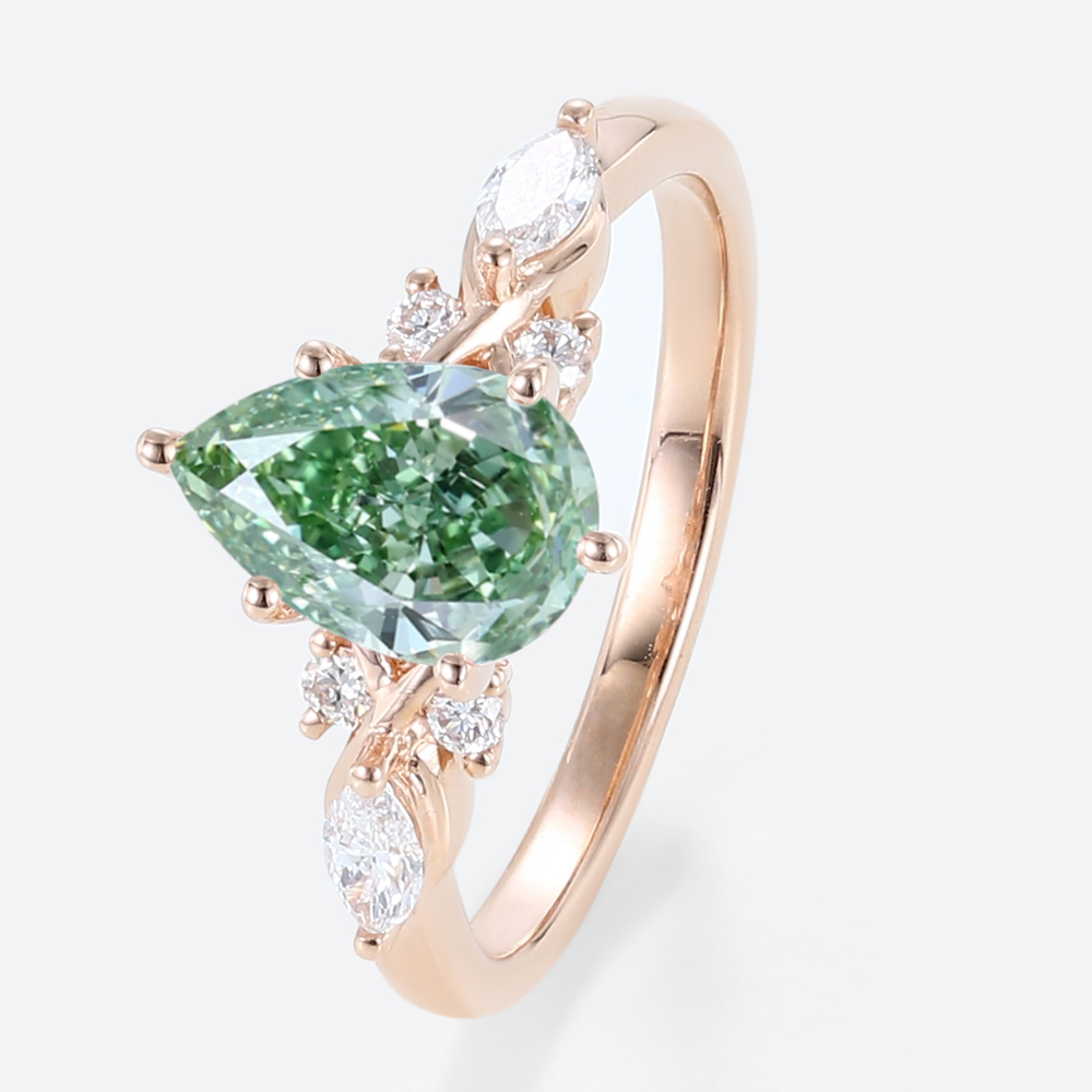 1ct Lab Green Diamond​ Ring Pear Cut Modern 6-Prong Engagement Rings in Rose Gold