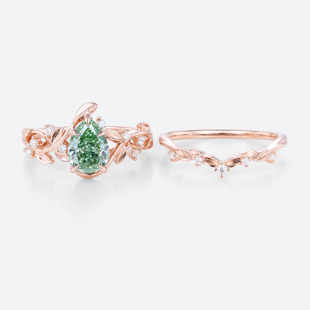 1ct Lab Green Diamond Engagement Ring Set Organic-Designed 5 Claw Prong Engagement Ring in White Gold