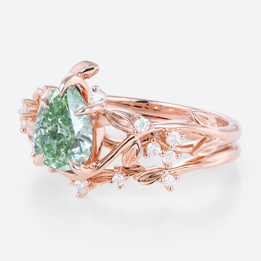 1ct Lab Green Diamond Engagement Ring Set Organic-Designed 5 Claw Prong Engagement Ring in White Gold